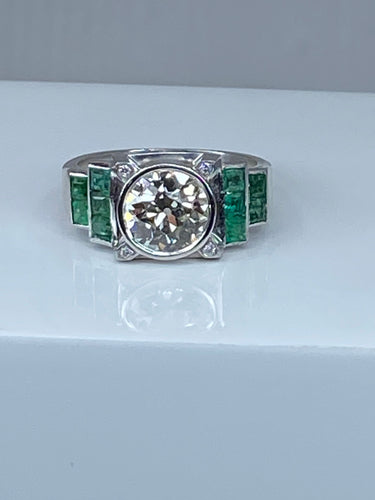Bague 52 Bague Art Déco Platine, Diamant 1,55cts et Emeraudes 58 Facettes