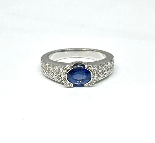 Bague Bague or blanc saphir ovale et diamants 58 Facettes