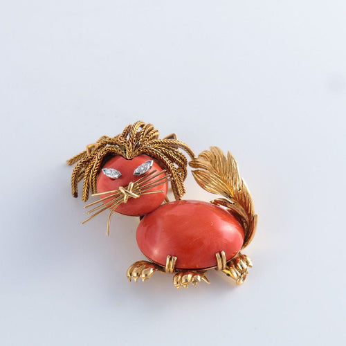 Broche Broche chat en or, diamants et corail 58 Facettes 513