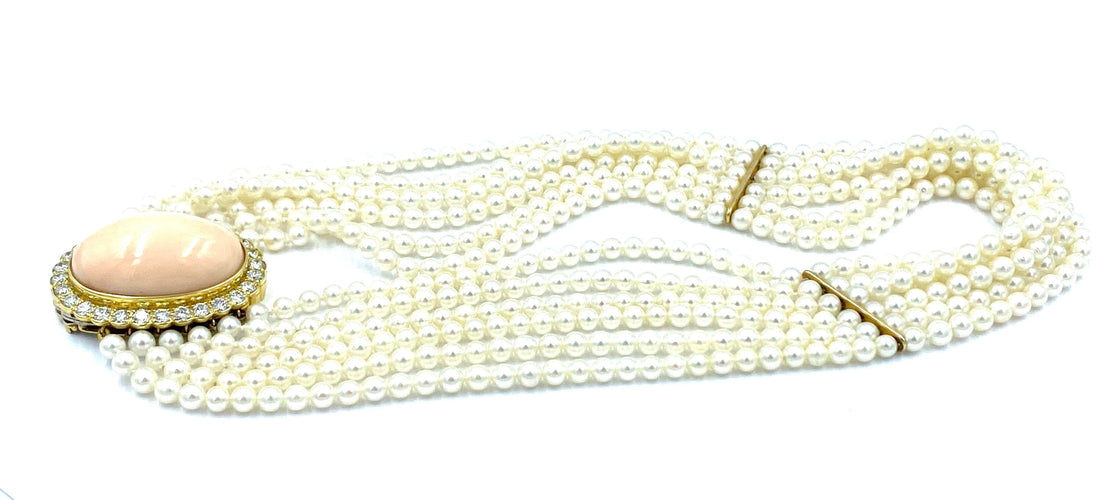 Collier Collier or jaune, perles, corail et diamants 58 Facettes