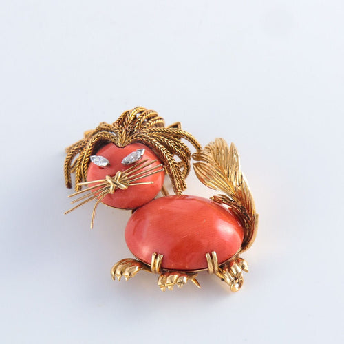 Broche Broche chat en or, diamants et corail 58 Facettes 513