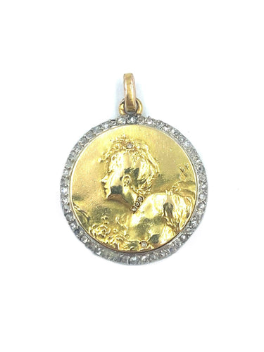 Pendentif Médaille Art Nouveau or jaune et diamants 58 Facettes
