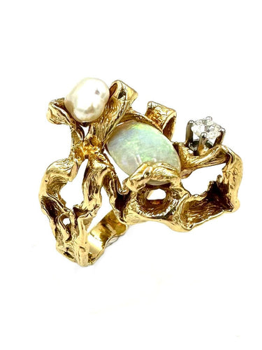 Bague 62 GILBERT ALBERT -  Bague Or Opale Diamant et Perle baroque 58 Facettes
