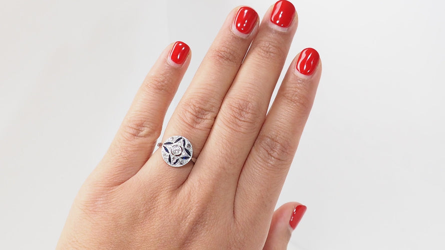 Bague 51 Bague Art Déco Or blanc Saphir Diamants 58 Facettes 32454