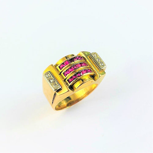 Bague 55.5 Bague Tank Or et Platine Pierres Rouges et Diamants 58 Facettes 20400000620