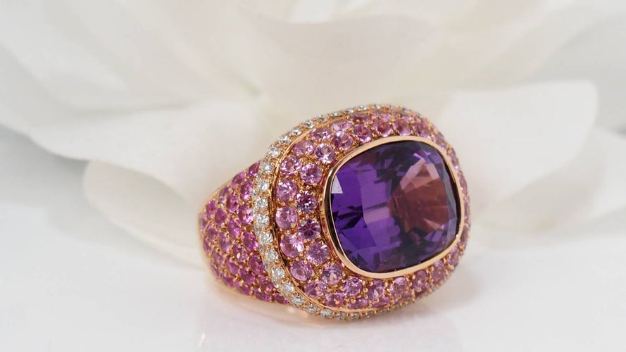 Bague Bague or jaune améthyste diamants tourmalines roses 58 Facettes 31045