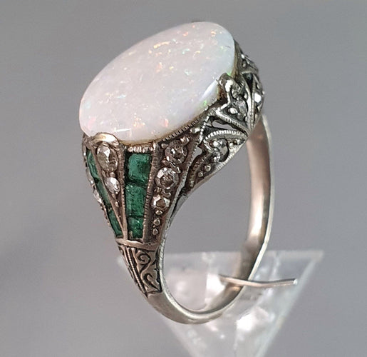 Bague 55 Bague Art Déco Argent Opale Emeraude Diamants 58 Facettes