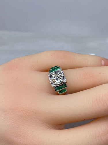 Bague 52 Bague Art Déco Platine, Diamant 1,55cts et Emeraudes 58 Facettes