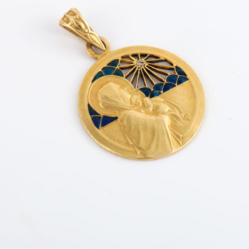 Pendentif Médaille Art Nouveau Liegault diamant et émail plique à jour 58 Facettes