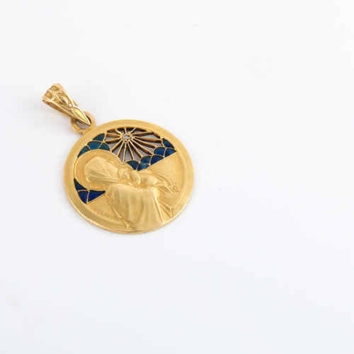Pendentif Médaille Art Nouveau Liegault diamant et émail plique à jour 58 Facettes