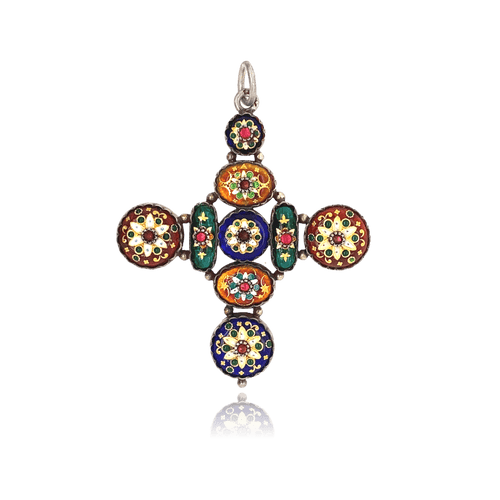 Pendentif Croix ancienne en argent et  Émaux Bressans 58 Facettes