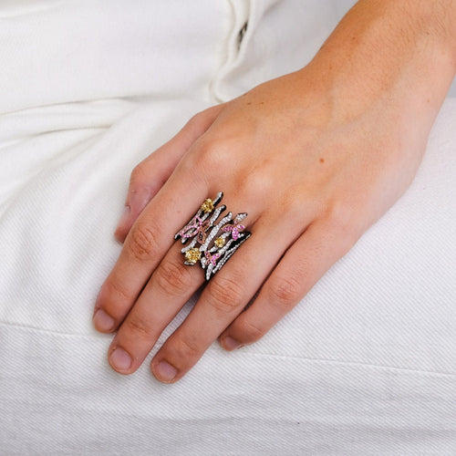 Bague 54 Bague Branche Papillons Saphirs roses et jaunes Diamants 58 Facettes 1.9127