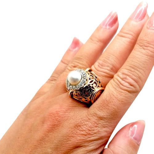 Bague 61 Bague or jaune perle et diamants 58 Facettes 2549