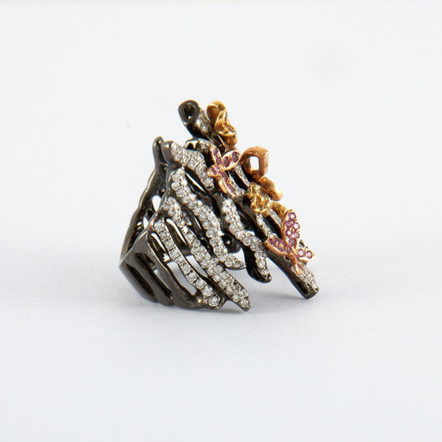 Bague 54 Bague Branche Papillons Saphirs roses et jaunes Diamants 58 Facettes 1.9127