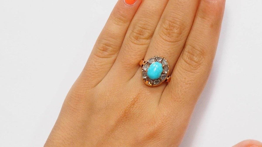 Bague Bague ancienne or rose turquoise et diamants taille rose 58 Facettes 30706