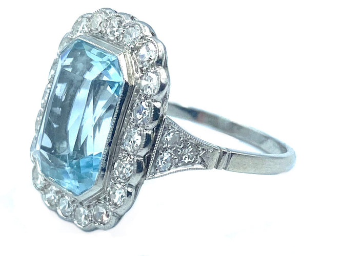 Bague Bague Belle Époque platine, aigue-marine et diamants 58 Facettes