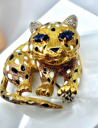 Broche Broche panthère Or Saphirs Diamants Email. 58 Facettes AB211