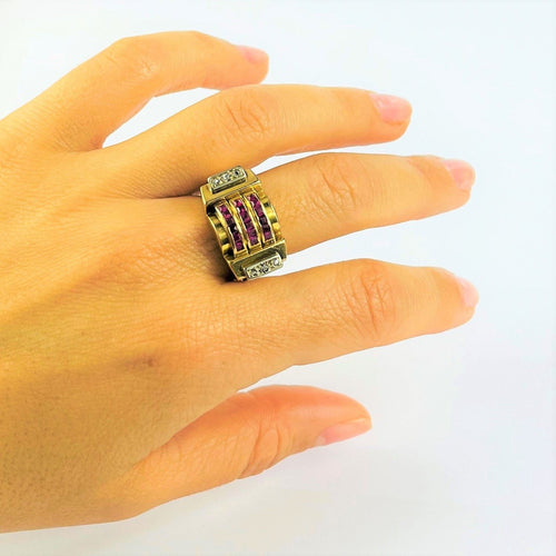 Bague 55.5 Bague Tank Or et Platine Pierres Rouges et Diamants 58 Facettes 20400000620