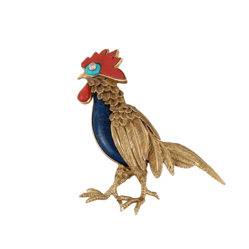 Broche Champagnat - Broche coq, corail et lapis lazuli 58 Facettes