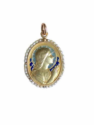 Pendentif Médaille ancienne en or, Vierge Marie, émail et perles 58 Facettes