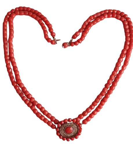 Collier Collier ancien 2 rangs de corail facetté avec motif central - 19ème siècle 58 Facettes