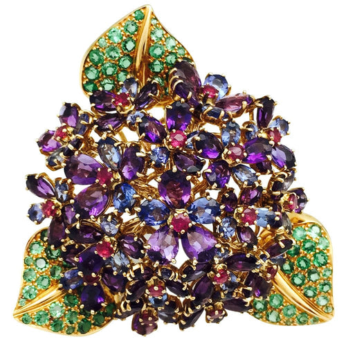 Clip Clip René Boivin "Bouquet de Violettes" or jaunes et pierres précieuses. 58 Facettes 28037