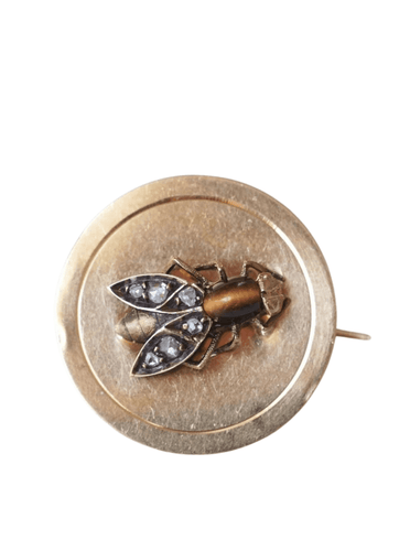 Broche Broche ronde abeille, oeil de tigre et diamants 58 Facettes