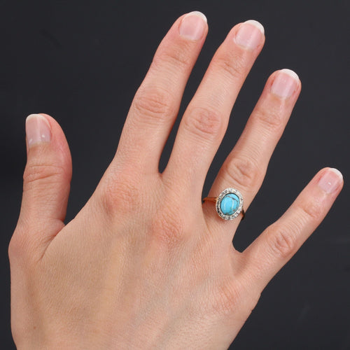 Bague 51 Bague ancienne ovale turquoise et diamants 58 Facettes 21-243-51