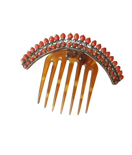 Accessoire Peigne à cheveux, diadème ancien, en corne et corail, sur argent vermeillé 58 Facettes