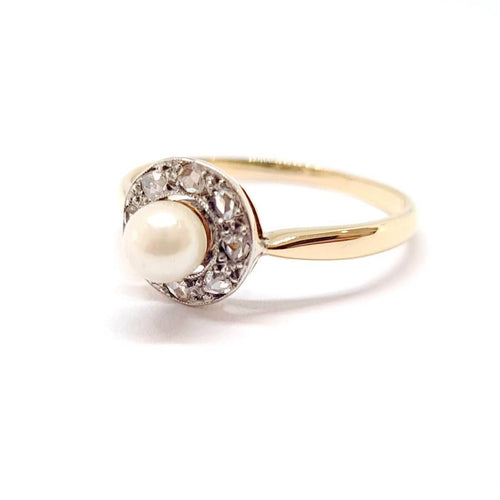 Bague 59 Bague Art Nouveau en or jaune, perle, diamants 58 Facettes